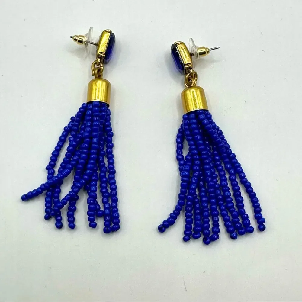 J. Crew Cobalt Beaded Tassel Earrings Casual luxe Preppy Summer Dangle Drop